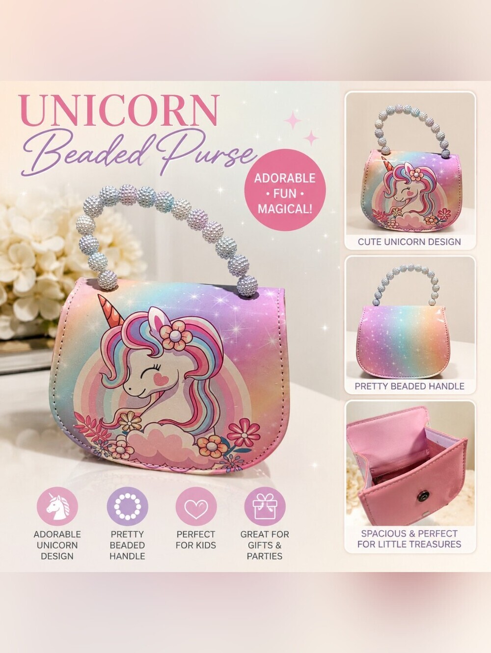 Kids Unicorn Beaded Purse - Pink Rainbow Design